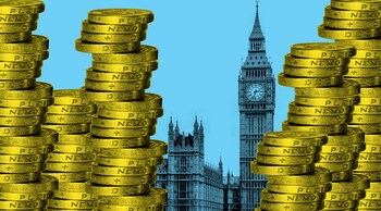 The houses of parliament set against a stack of one pound coins