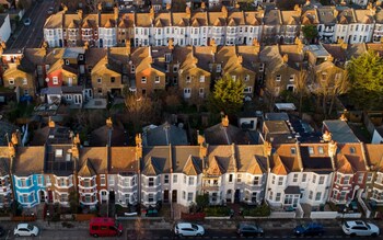 An aerial view of terraced houses in north London, Britain