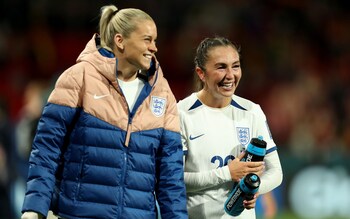 Alessia Russo (L) and Katie Zelem celebrate - Introducing 'The Meringue-tangs' – England Women's new girl band