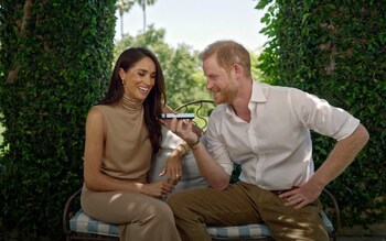 The Duchess of Sussex wearing a matching set of beige separates by California-based label Bleusalt