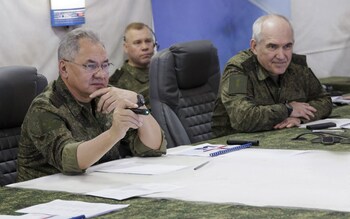 Russian Defence Minister Sergei Shoigu visits the advanced command post of the group of troops 'Center' in the zone of the a 'Special Military Operation' in an unknown location