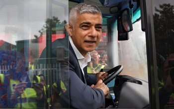 Mayor of London Sadiq Khan poses on a bus to promote electric travel in London, Britain, 04 August 2023