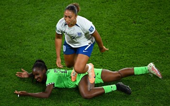 Lauren James of England stamps Michelle Alozie of Nigeria later shown a red card after the Video Assistant Referee review during the FIFA Women's World Cup Australia & New Zealand 2023 Round of 16 match between England and Nigeria at Brisbane Stadium on August 07, 2023 in Brisbane / Meaanjin, Australia