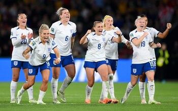 England celebrate their shootout win/England's quarter-final, Women’s World Cup 2023: When is it and how to watch on TV